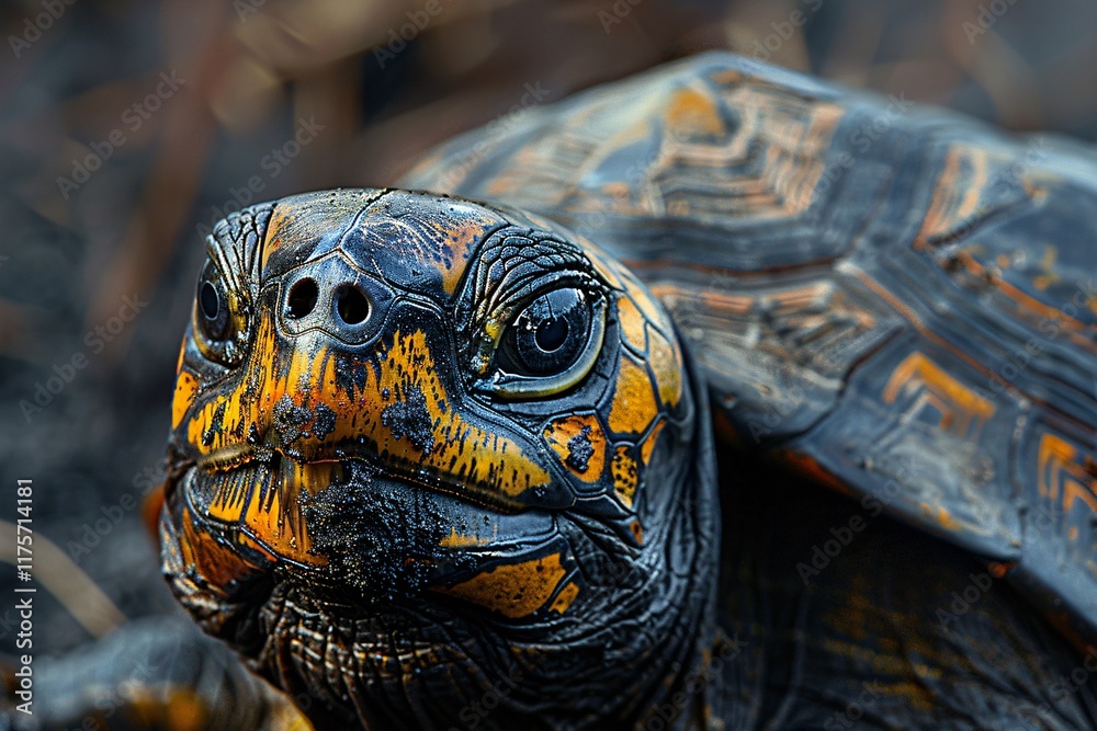 Obraz premium The turtle displays its striking patterns and colors, resting on the ground surrounded by natural elements. This close-up highlights the intricate details of its shell and skin