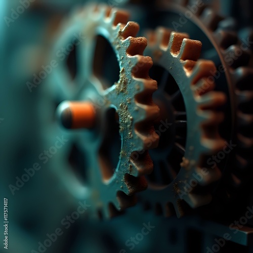 The image captures a close-up of two rusted gears, with the left one slightly blurred, emphasizing the details of the right gear.