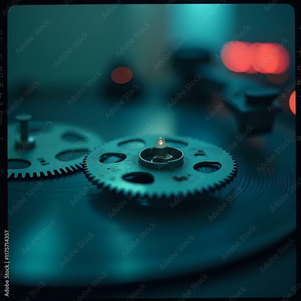 The image captures a close-up view of a vinyl record spinning on a turntable, with a gear in the foreground and a blurred background featuring a soft glow. The image captures a close-up view of a vinyl record spinning on a turntable, with a gear in the foreground and a blurred background featuring a soft glow.