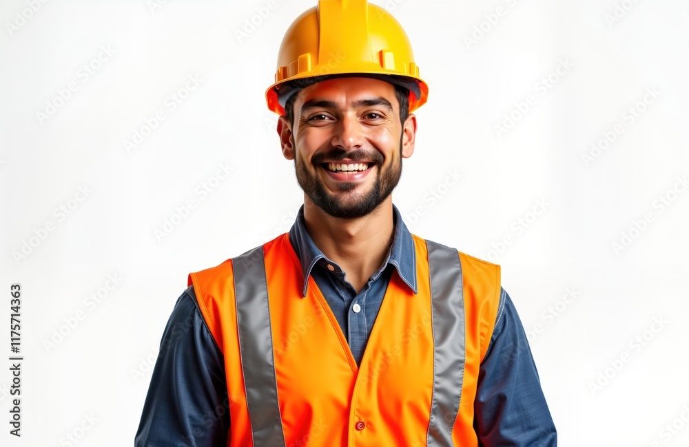 Smiling construction worker in orange safety vest, hard hat. Confident, happy worker in uniform. Professional image for industrial construction sector. Suitable for work safety posters employee Smiling construction worker in orange safety vest, hard hat. Confident, happy worker in uniform. Professional image for industrial construction sector. Suitable for work safety posters employee