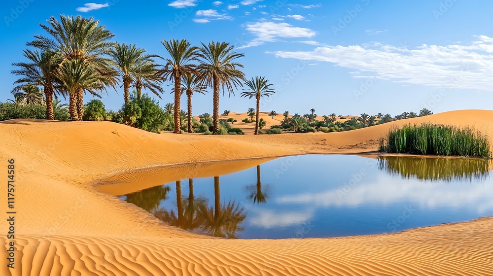 Obraz premium A tranquil desert oasis with palm trees, a small pond, and a clear blue sky 