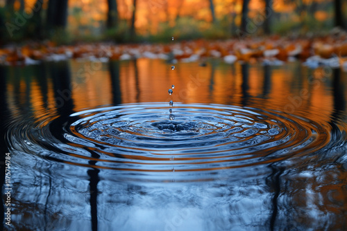 Water Droplet Ripples Autumn Forest Reflection