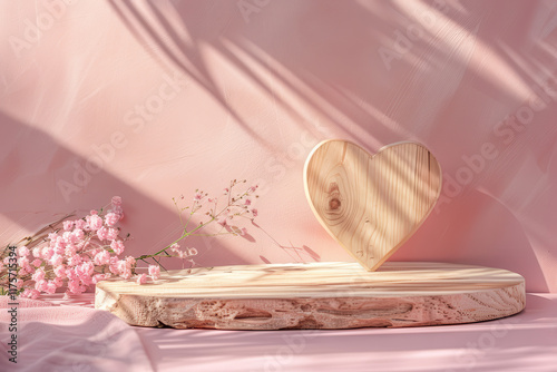 Wooden Podium for Displaying Love Products with Wooden Heart Background. Perfect for Romantic and Rustic Product Showcases.