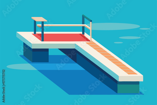 A sleek swimming pool features a diving platform surrounded by clear blue water under bright sunshine, A sleek design featuring a swimming pool with diving board