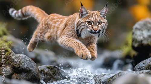 Bobcat leaping gracefully across a rocky stream in a forest