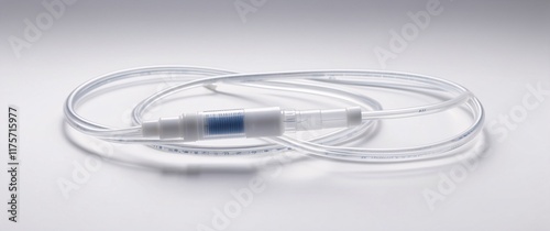 A clear and sterile IV tube neatly coiled on a pristine white background, showcasing its medical-grade design