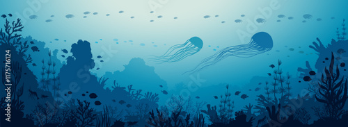 Underwater nature with coral reef, school of fish and two jellyfish on a blue sea. Vector ocean illustration. Underwater seascape panorama