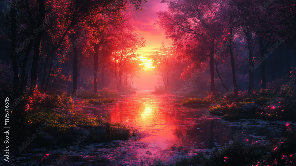 Vivid sunset reflecting over tranquil forest river surrounded by lush foliage