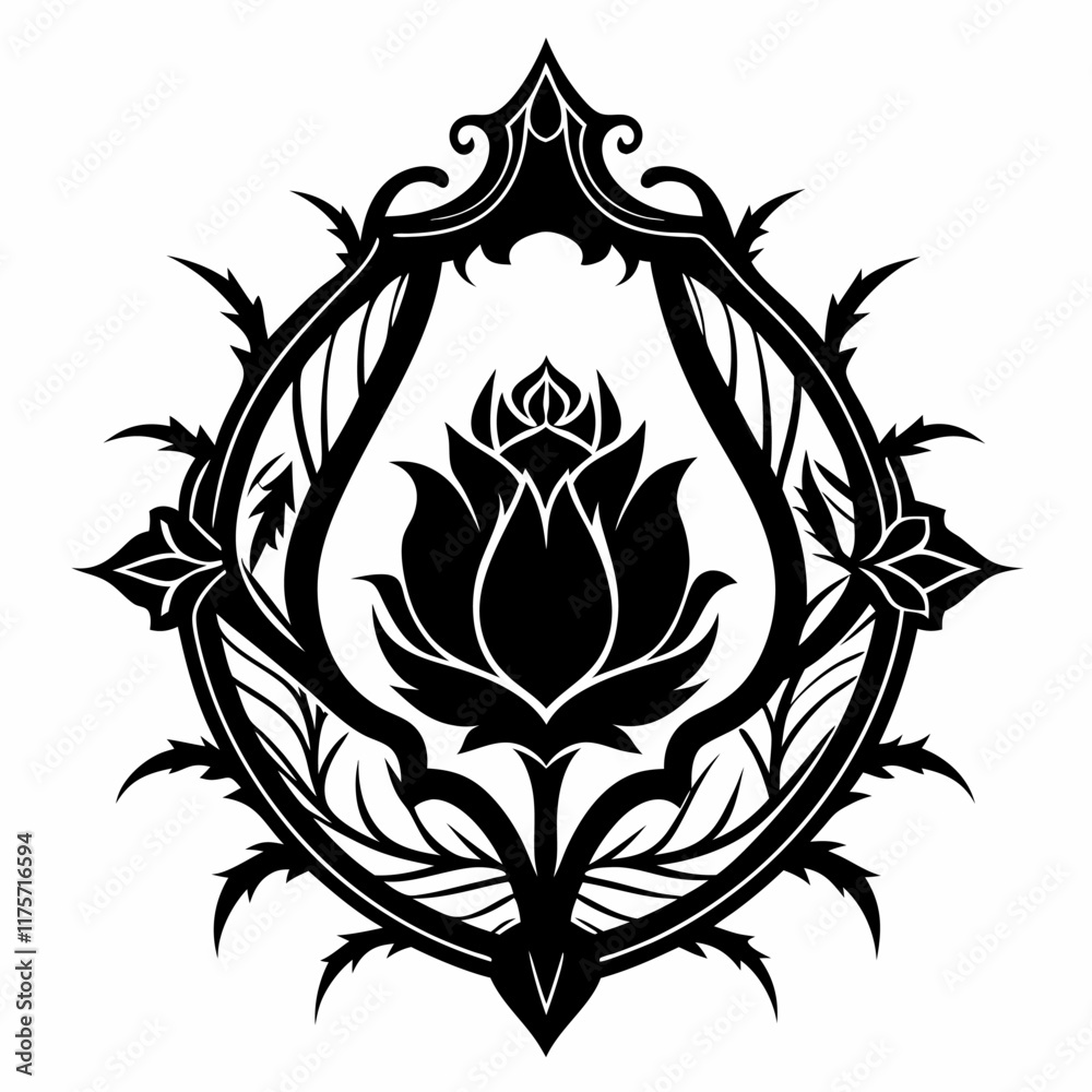 Fototapeta premium Intricate Black Rose Crest with Thorny Vine Motif on White Background