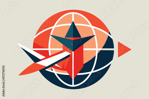 A dynamic arrangement showcases a globe alongside elements representing artificial intelligence, A sleek, geometric design featuring a globe and airplane icon