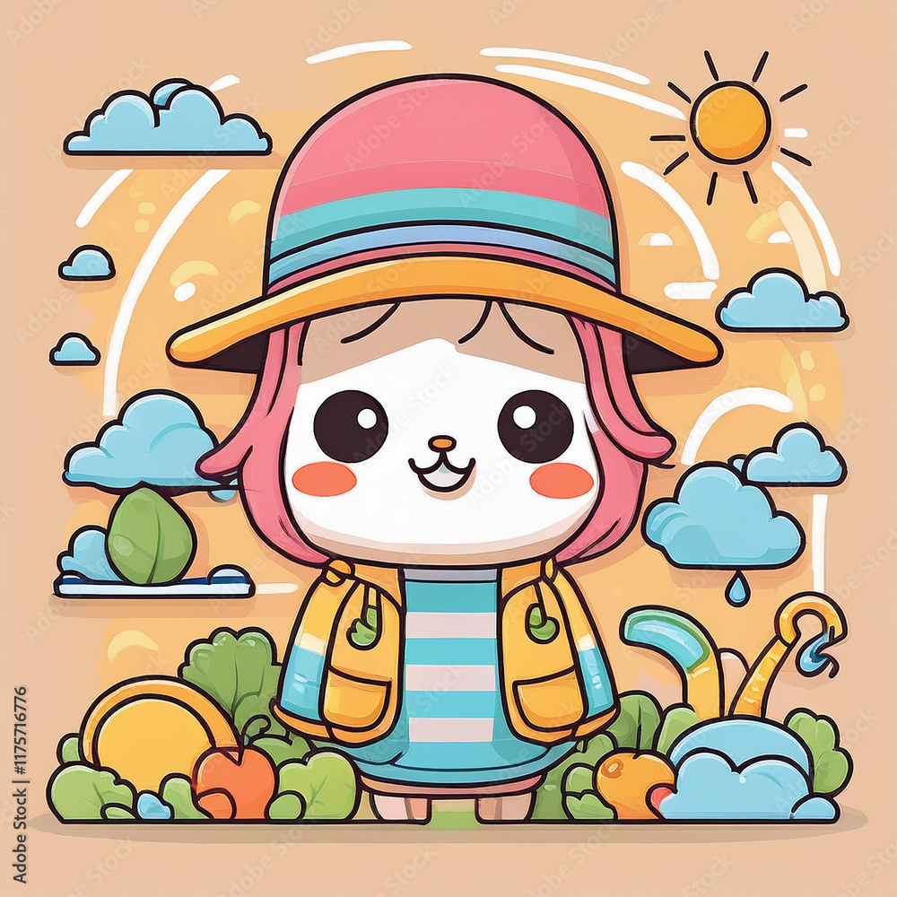 Naklejka premium cute and pretty drawings related to weather, wind, rain, cold, spring, summer, autumn, winter