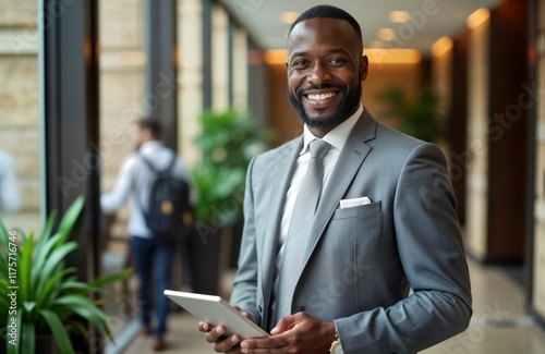 Obraz na płótnie African American businessman uses digital tablet in hotel lobby. Successful entrepreneur or executive. He smiles confidently. Indoor setting. Modern business environment. Tech use. Portrait photo. w salonie