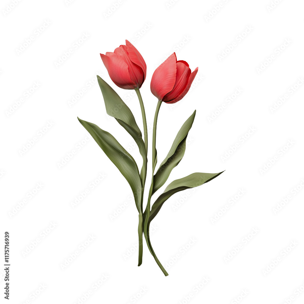red tulips with green leaves on a transparent background, PNG image, PNG file, Generative art. red tulips with green leaves on a transparent background, PNG image, PNG file, Generative art.