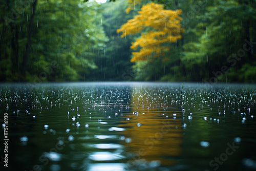 Rain falling on a tranquil lake surrounded by lush green trees