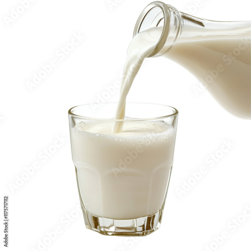 Pouring fresh milk from a jug into a clear glass on a simple transparent background, Milk pouring from a jug into a glass on transparent background