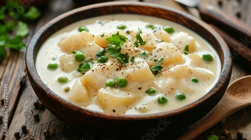 Wallpaper Mural Golden potatoes and peas in a creamy sauce, isolated on a rustic plank with scattered cracked pepper Torontodigital.ca