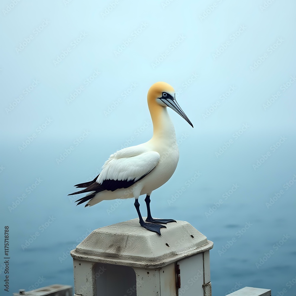 A seagull stands atop a concrete structure with its gaze directed to the left, overlooking a body of water with a hazy blue background. A seagull stands atop a concrete structure with its gaze directed to the left, overlooking a body of water with a hazy blue background.