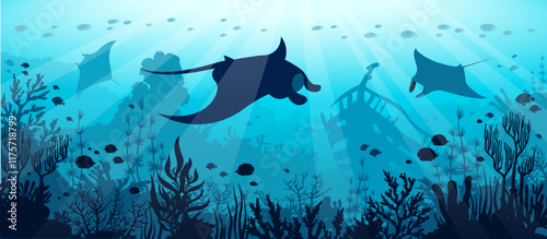 Vector panorama with underwater seascape. Illustration with silhouette of coral reef, school of fish, three mantas and sunken ship on a blue sea background. Marine flora and fauna.