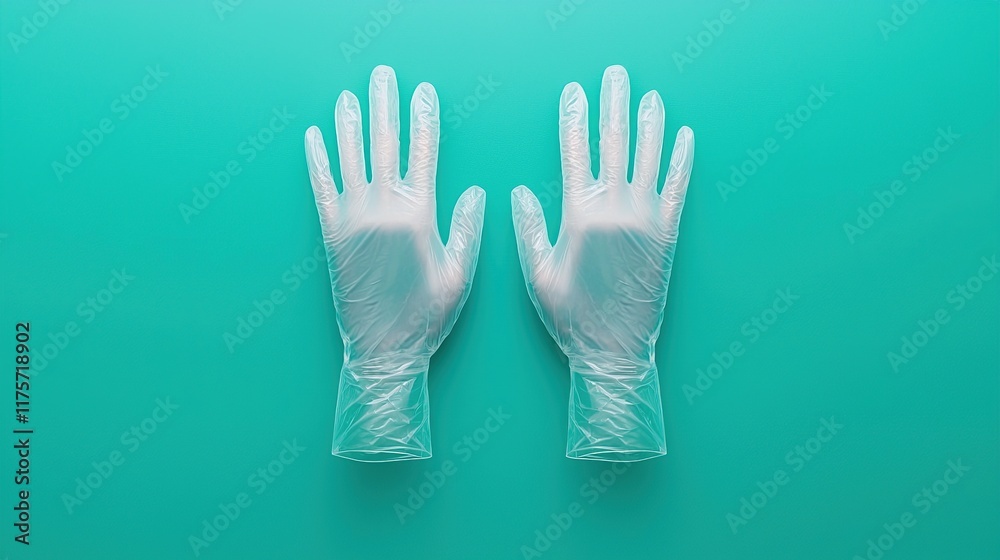 Obraz premium A pair of transparent gloves displayed on a turquoise background, symbolizing cleanliness and protection in various settings.