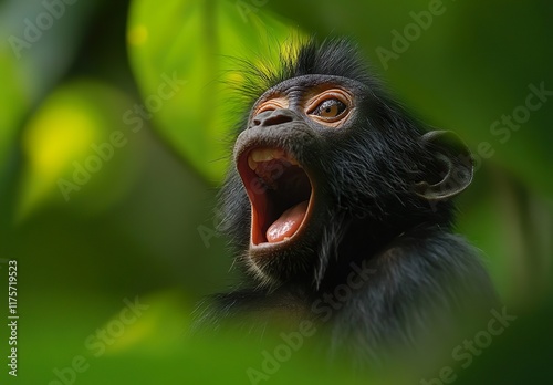 Celebes crested macaque with open mouth. Close up portrait photo