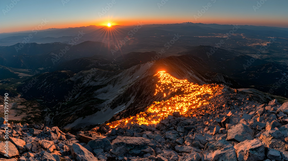 Naklejka premium Sunrise illuminating mountain peak.