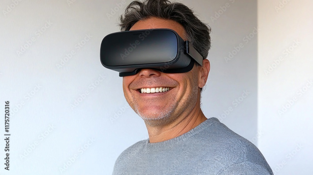 Happy man wearing VR headset, smiling. (1) Happy man wearing VR headset, smiling. (1)