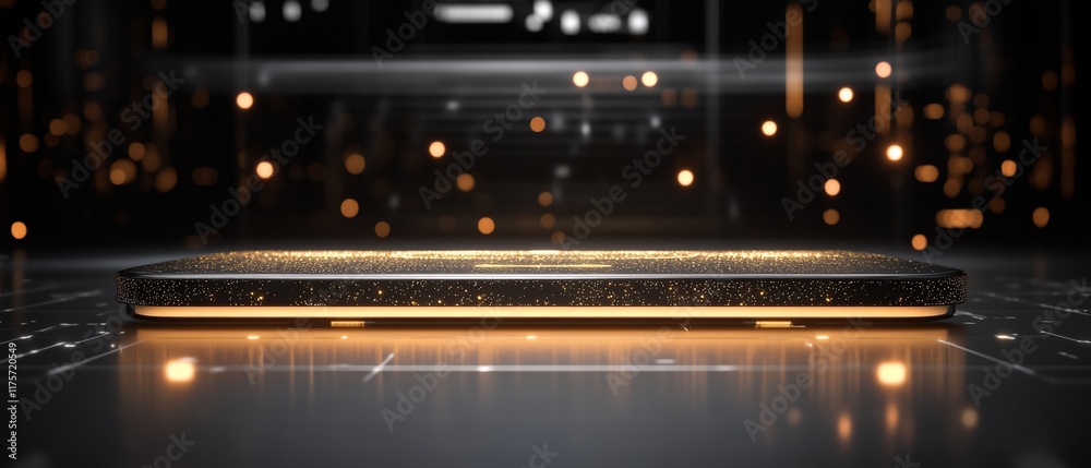 Obraz premium Illuminated tech gadget on dark surface, bokeh background