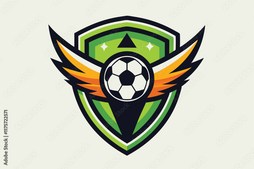 Obraz premium A dynamic emblem features a soccer ball at its center, framed by bright wing designs and a shield, A sleek, modern mark that conveys the energy of a soccer team