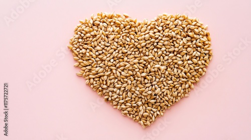 Barley grains arranged in the shape of a heart, isolated on a pastel pink background with romantic tones