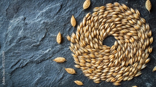 Barley grains forming a spiral pattern, isolated on a slate-grey background with a touch of rustic elegance photo