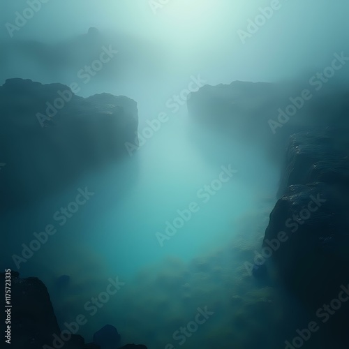 The image features a misty, hazy underwater scene with a pool of water, surrounded by rocks and varying in shades of blue and green.