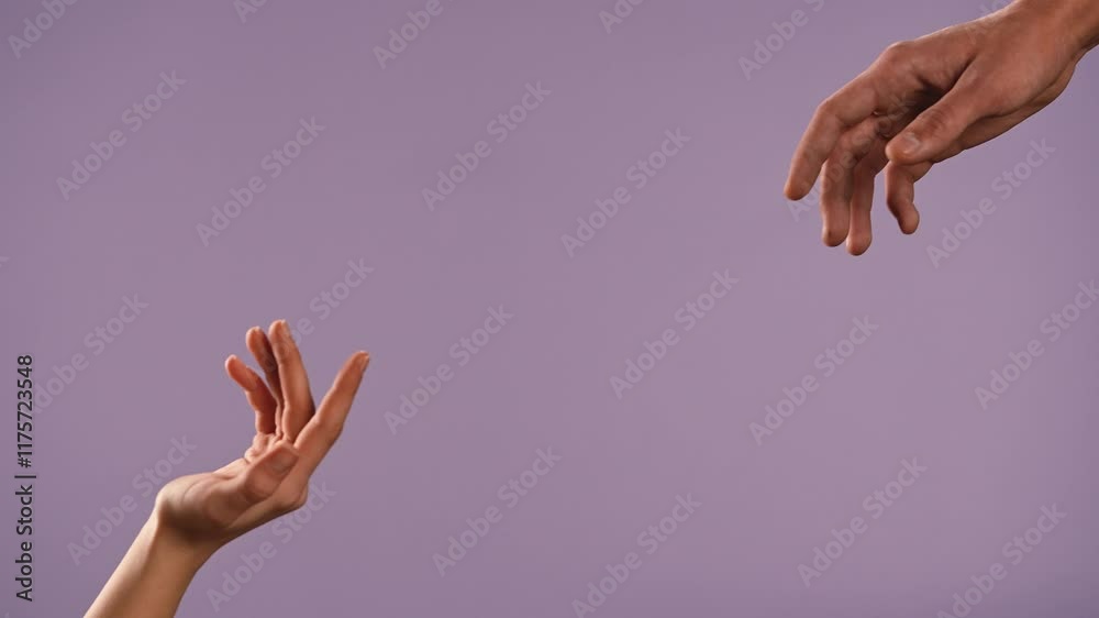 Man and woman hands showing gestures and touching crossing fingers, isolated on purple studio background, close up shot. Valentines day advertising concept.