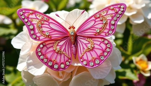 Pink jeweled butterfly on a flower photo