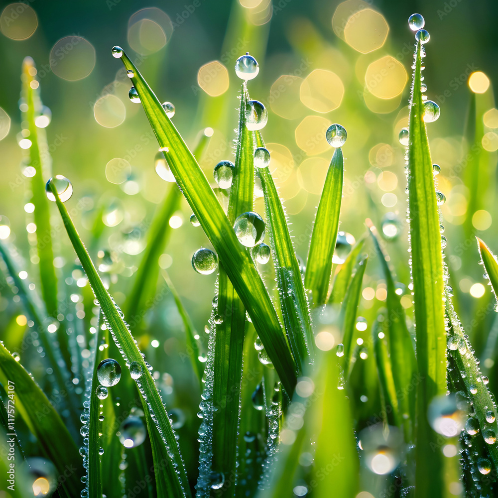 Fototapeta premium Grass. Fresh green spring grass with dew drops closeup