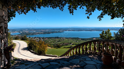 Fototapeta Naklejka Na Ścianę i Meble -  Scenic lake view from stone gazebo.