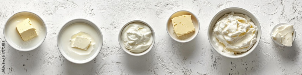 modern arrangement of dairy products including small bowls of yogurt and butter captured from top-down angle with ample modern arrangement of dairy products including small bowls of yogurt and butter captured from top-down angle with ample