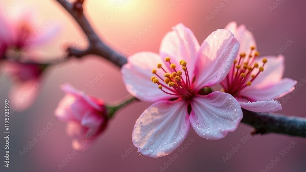 Elegant Cherry Blossom Close-Up with Dewdrops Illuminated by Soft Evening Light
Elegant Cherry Blossom Close-Up with Dewdrops Illuminated by Soft Evening Light