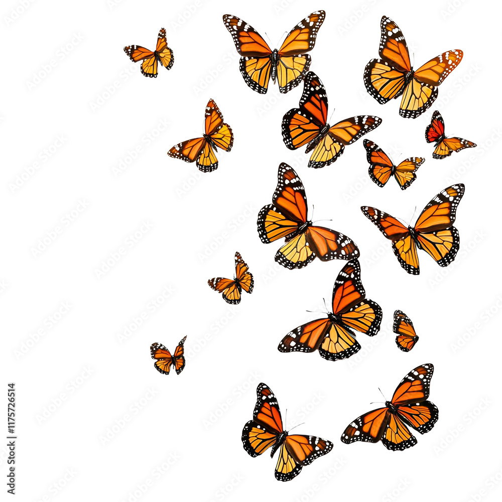 monarch butterflies flying in a row on a transparent background, PNG image, PNG file, Generative art. monarch butterflies flying in a row on a transparent background, PNG image, PNG file, Generative art.