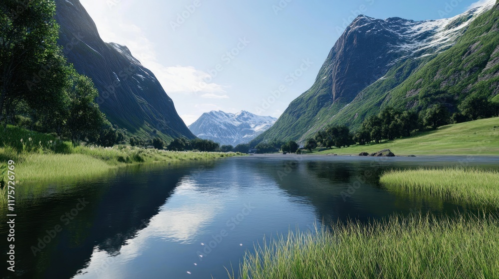 Serene mountain landscape with a tranquil lake and lush greenery. Serene mountain landscape with a tranquil lake and lush greenery.