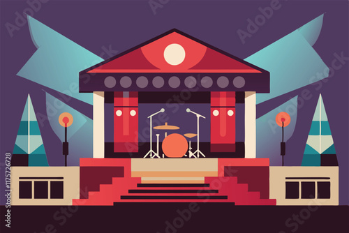 A sophisticated music venue showcases a striking stage design ready for live performances, A sophisticated music venue with a minimalist design and top-notch acoustics