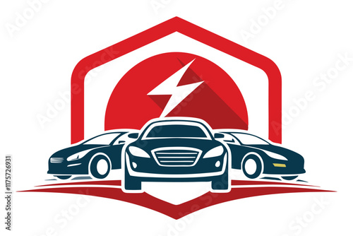A minimalist logo showcases three cars in front of a striking red and white background, representing a dealership, A stripped-down representation of a car dealer's branding