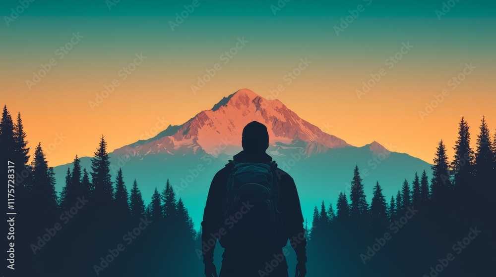 Obraz premium A silhouette of a person stands before a majestic mountain at sunset, surrounded by trees, capturing a moment of tranquility and natural beauty.