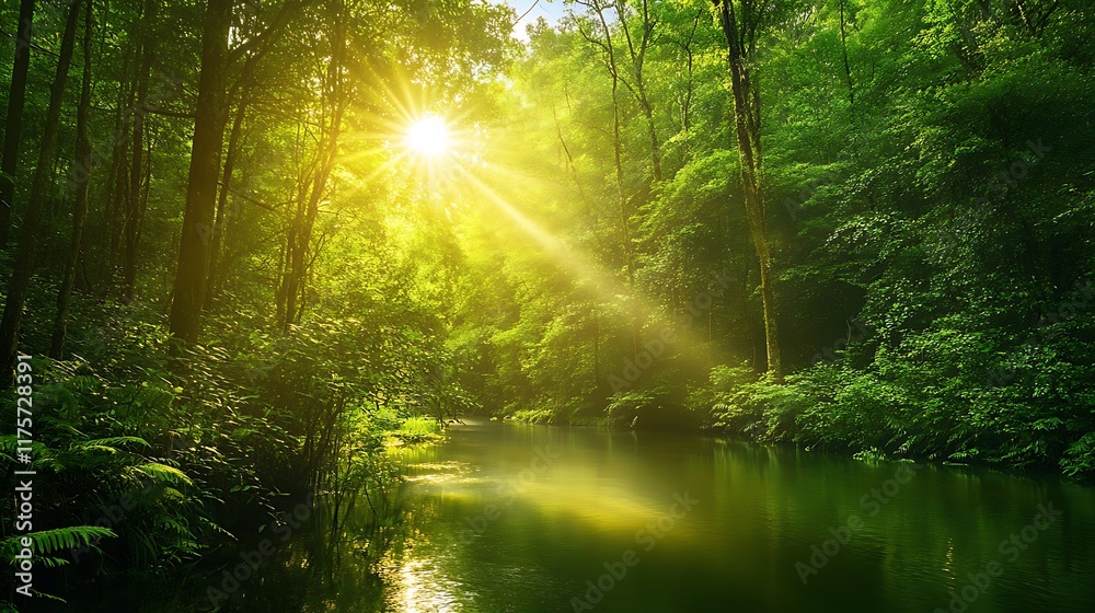 Fototapeta premium A tranquil river winding through a dense forest, with the sun filtering through the trees
