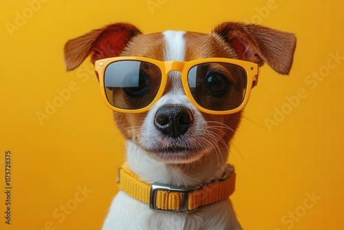 Obraz na płótnie whimsical dog sporting bright sunglasses posed playfully against a clean backdrop capturing the charm and personality of pets through cartoonish flair w salonie