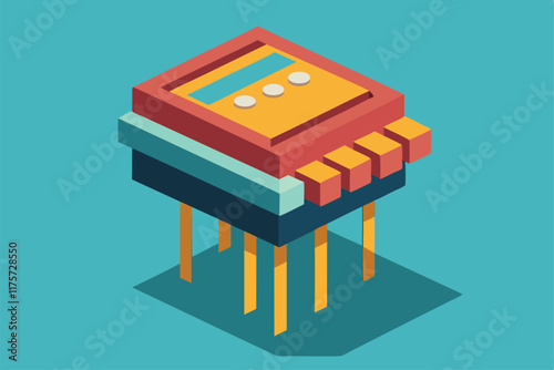 A colorful representation of an electronic component with buttons and pins, showcasing modern design techniques, A stylized representation of an electronic component, such as a transistor or resistor