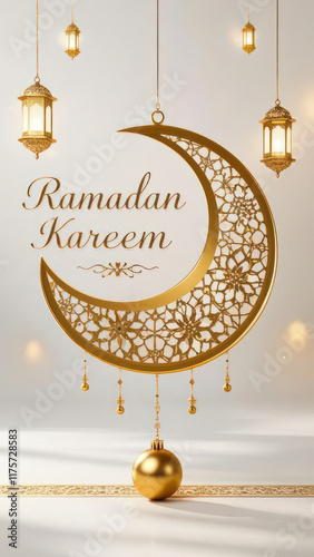 Golden Crescent Moon Greetings and Lanterns for Ramadhan Kareem