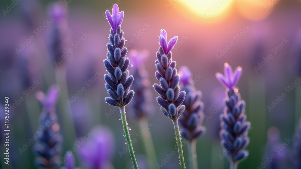 Naklejka premium Beautiful Lavender Field During Sunset with Purple Blossoms in Vibrant Light
