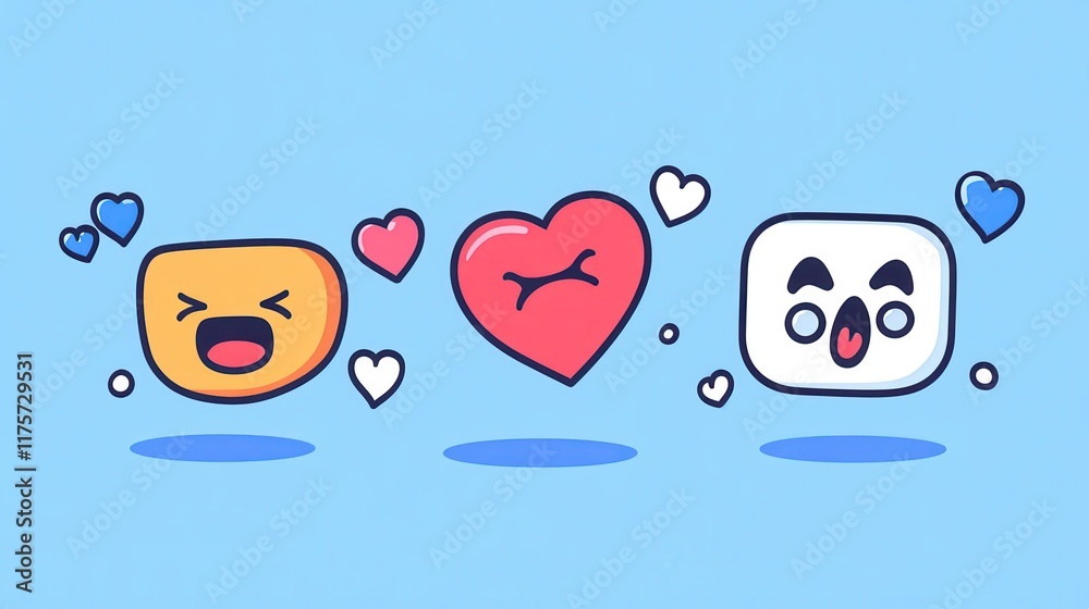 Fototapeta premium Joyful Emojis Happy Faces Cute Cartoon Characters with Hearts Love Expression Illustration