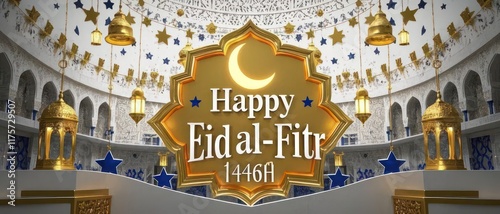 Happy Eid Eid al-Fitr 1446H Vertical Banner with Lanterns, Stars and Crescent Moon
