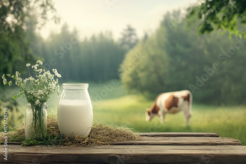 Milk and hay on a wooden table and a cow grazing in a meadow. Milk Day banner with copy space 